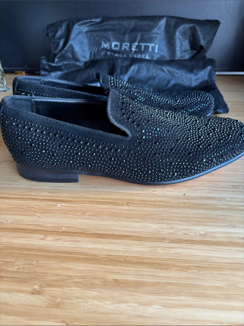 Moretti Black Label black rhinestone-studded smoking loafers 8.5